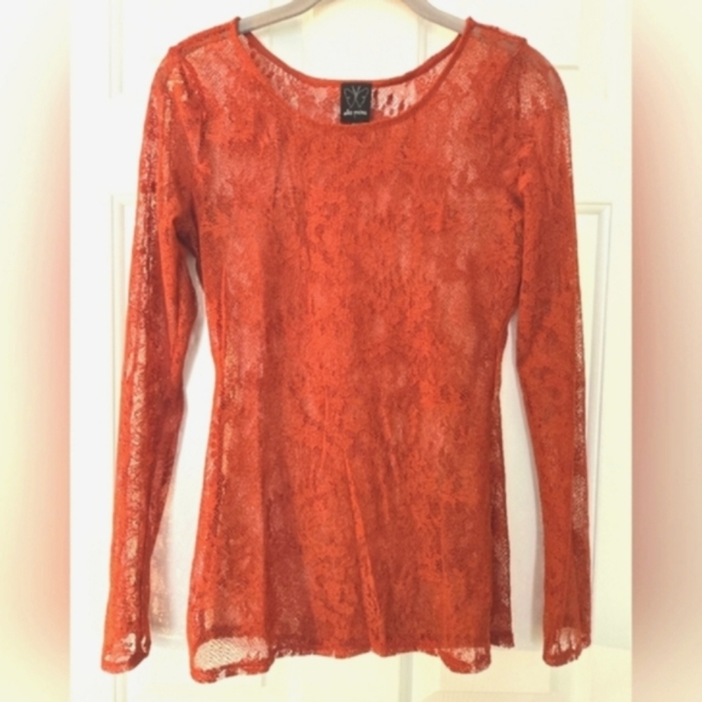 ( Ella Moss ) Sheer Long-Sleeve Top in Cozy Pumpkin Spice Color